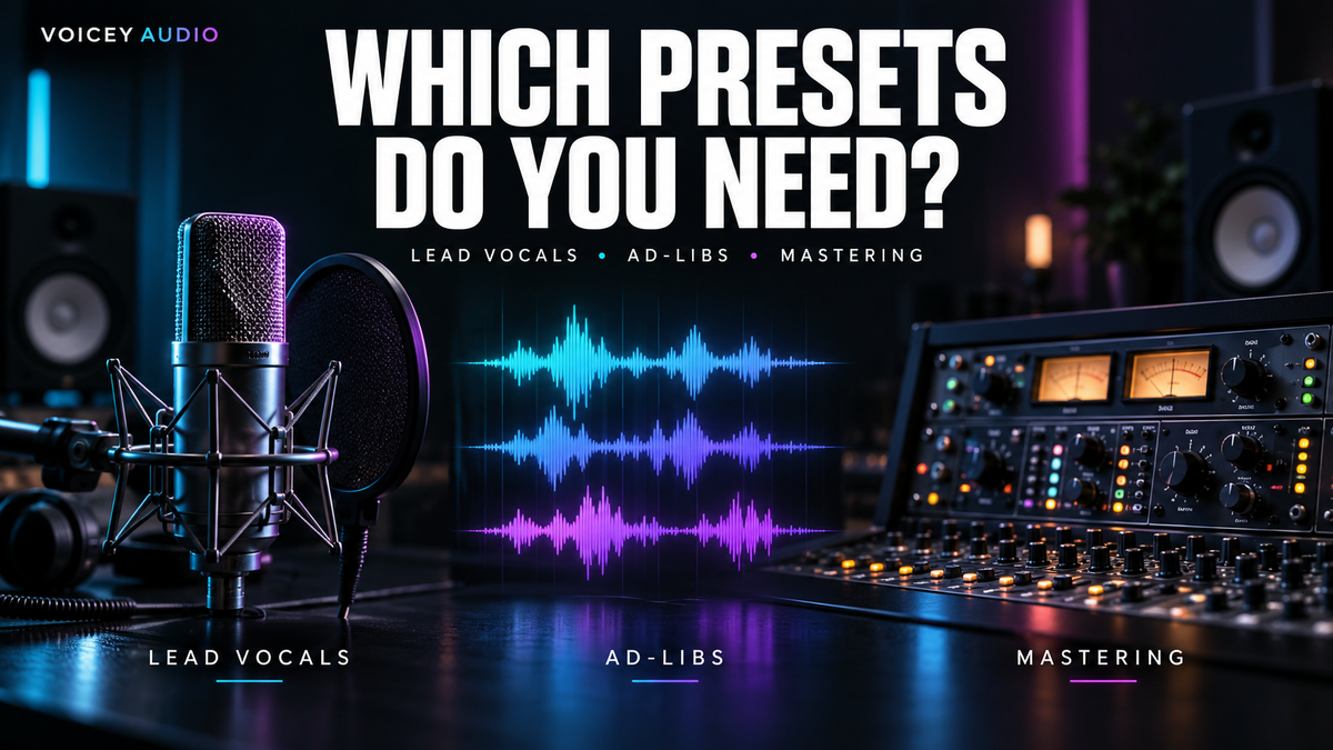 Voicey Audio guide to lead vocal, ad-lib, and mastering presets, illustrated with a studio microphone, vocal waveforms, and mastering equipment